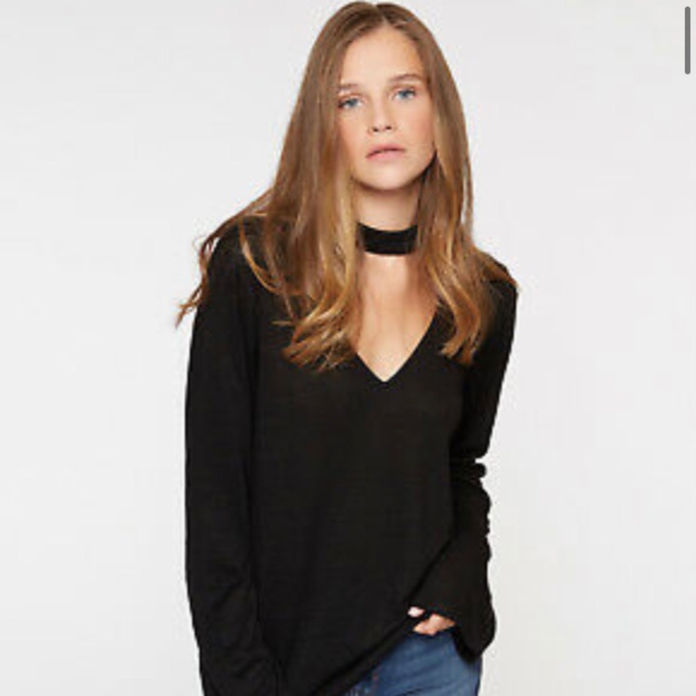 Genevieve Black Choker Banded Neck Long Sleeve Top